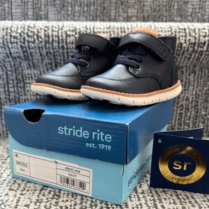 Stride Rite Navy and Tan Infant Leather Hook-and-Loop Sneakers